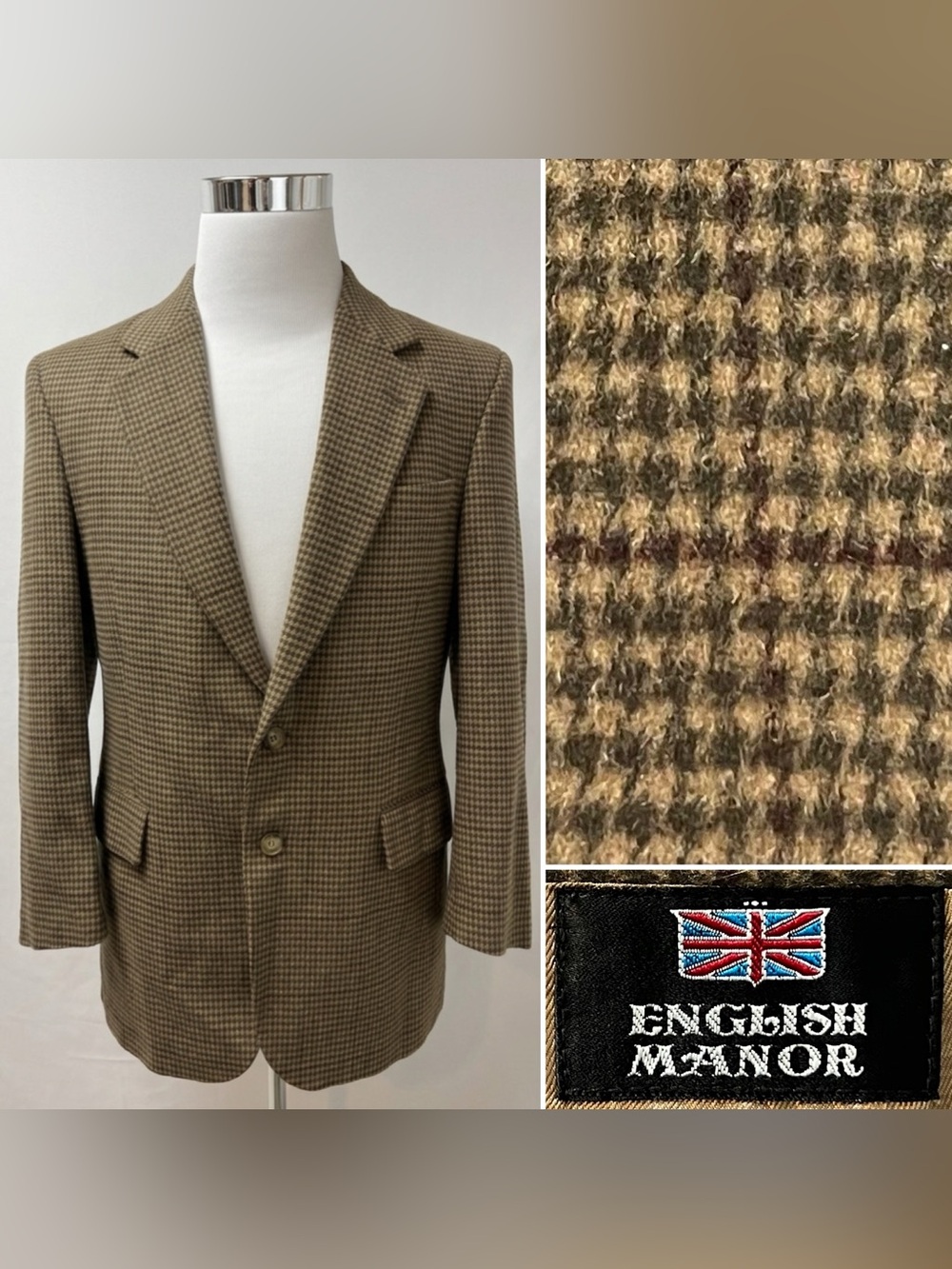 English Manor Men’s 37R Brown Tan Houndstooth Wool Fleece Blazer Jacket Coat